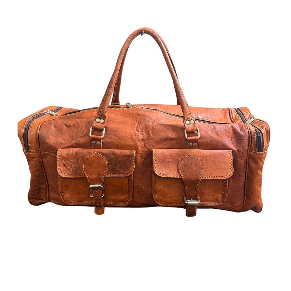 Vintage Brown Leather Duffle Bag Weekender Carry On Travel Bag